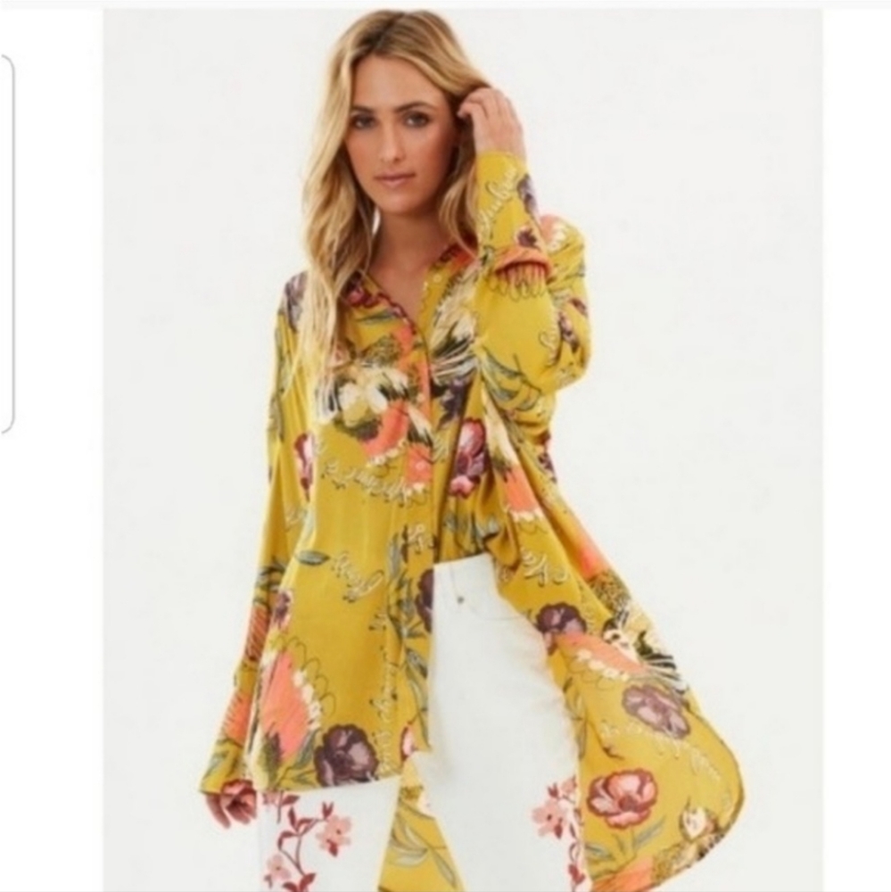 Free People Silky Nights Button Down Tunic Shirt
